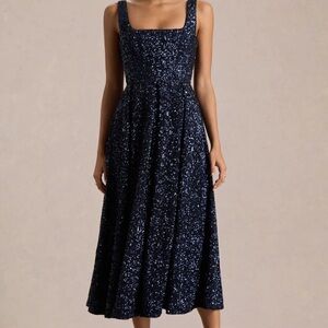 Club L London Navy Sequin Square-Neck A-Line Midi Dress